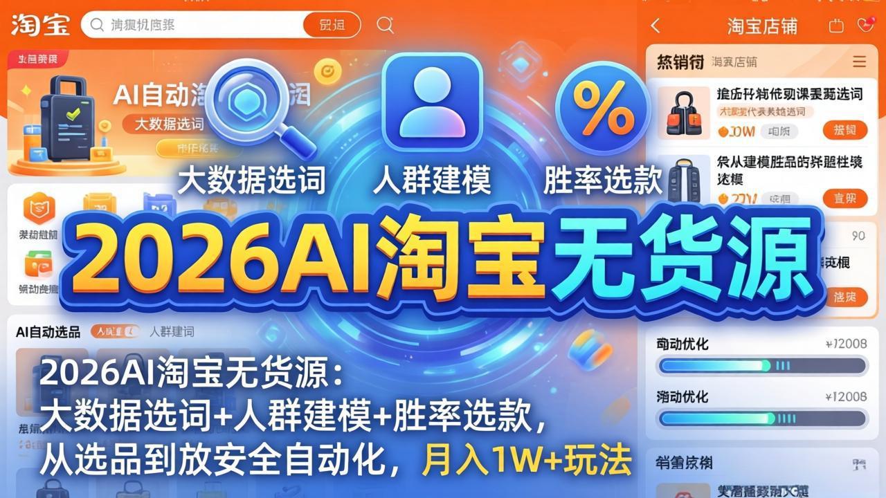2026AI淘宝无货源:大数据选词+人群建模+胜率选款,从选品到放大全自动化,月入1W+玩法青祥项目库-闲云创业网-老谢轻创网-中创网-福缘网-冒泡网-资源之家-魔方项目库青祥项目库