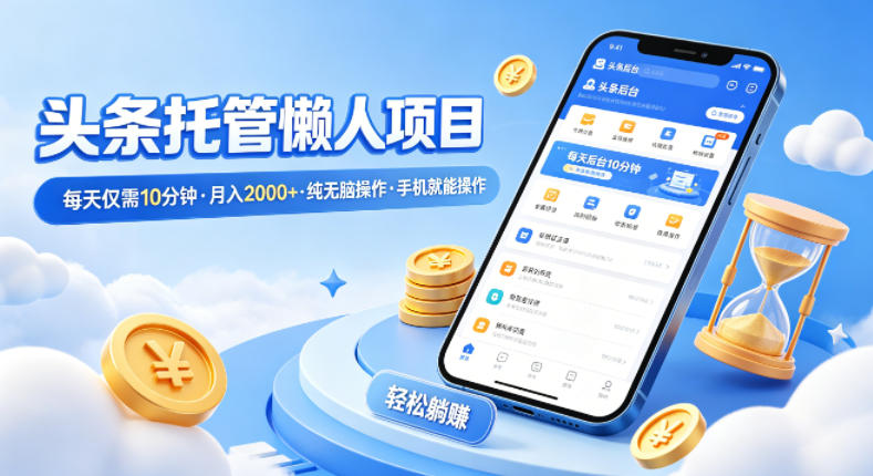 头条托管懒人项目，每天仅需10分钟，月入2000+，纯无脑操作，手机就能操作【揭秘】青祥项目库-闲云创业网-老谢轻创网-中创网-福缘网-冒泡网-资源之家-魔方项目库青祥项目库