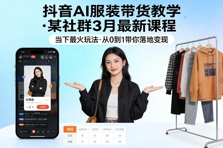 抖音AI服装带货教学,某社群3月最新课程,当下最火玩法,从0到1带你落地变现青祥项目库-闲云创业网-老谢轻创网-中创网-福缘网-冒泡网-资源之家-魔方项目库青祥项目库