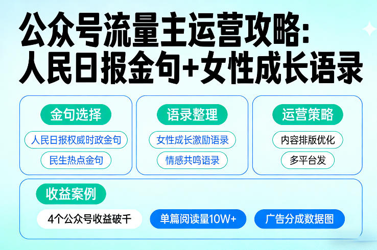 利用人民日报金句+女性成长语录做公众号流量主，4个公众号收益破千青祥项目库-闲云创业网-老谢轻创网-中创网-福缘网-冒泡网-资源之家-魔方项目库青祥项目库