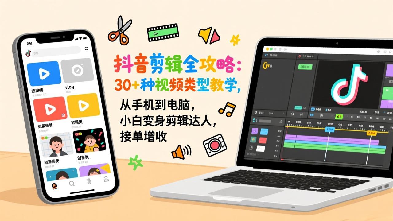 抖音剪辑全攻略：30+种视频类型教学，从手机到电脑，小白变身剪辑达人，接单增收青祥项目库-闲云创业网-老谢轻创网-中创网-福缘网-冒泡网-资源之家-魔方项目库青祥项目库