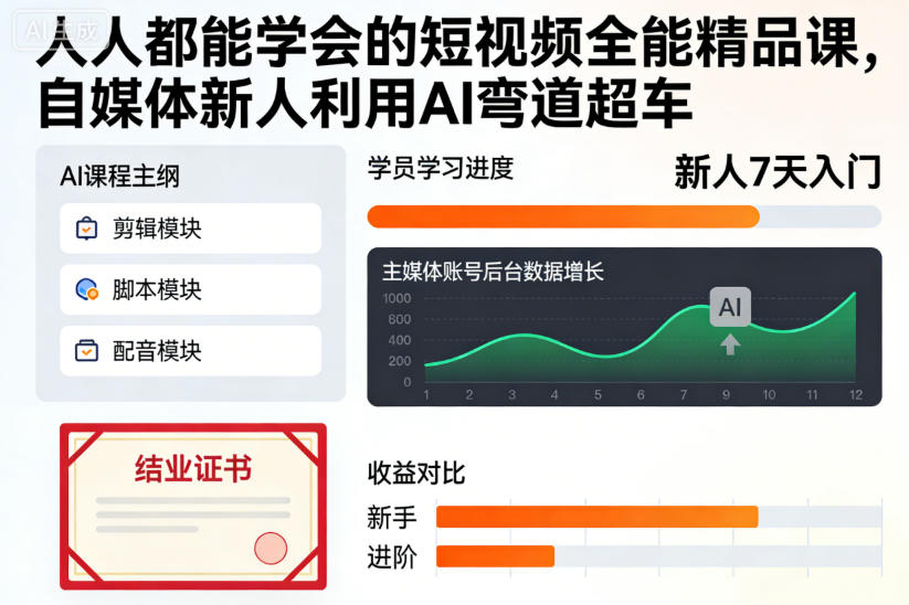 人人都能学会的短视频全能精品课，自媒体新人利用AI弯道超车青祥项目库-闲云创业网-老谢轻创网-中创网-福缘网-冒泡网-资源之家-魔方项目库青祥项目库