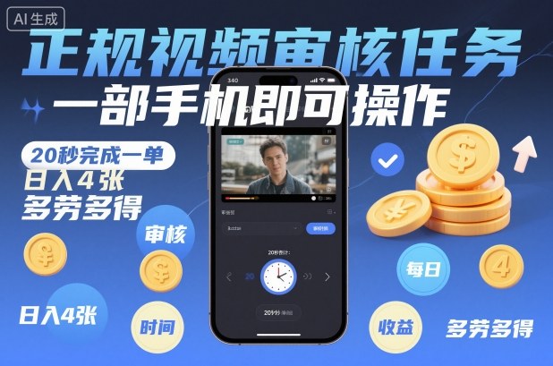 正规视频审核任务，一部手机即可操作，20秒完成一单，日入4张，多劳多得【揭秘】青祥项目库-闲云创业网-老谢轻创网-中创网-福缘网-冒泡网-资源之家-魔方项目库青祥项目库