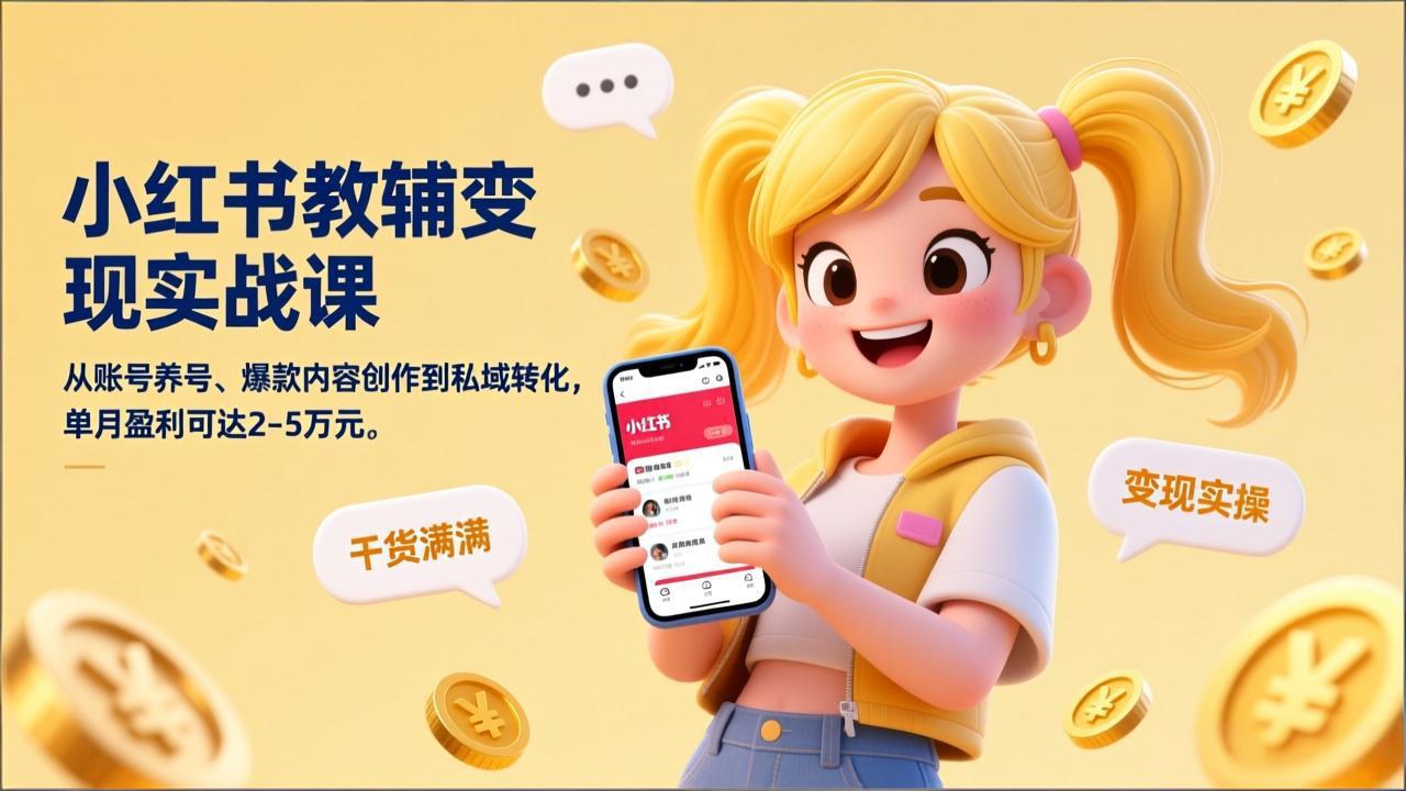 小红书教辅变现实战课，从账号养号、爆款内容创作到私域转化，单月盈利可达2-5万元青祥项目库-闲云创业网-老谢轻创网-中创网-福缘网-冒泡网-资源之家-魔方项目库青祥项目库