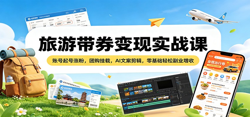 旅游带券变现实战课：账号起号涨粉，团购挂载，AI文案剪辑，零基础轻松副业增收青祥项目库-闲云创业网-老谢轻创网-中创网-福缘网-冒泡网-资源之家-魔方项目库青祥项目库