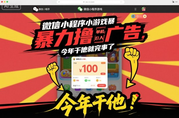 微信小程序小游戏暴力撸广告，单机日入100，今年干他就完事了青祥项目库-闲云创业网-老谢轻创网-中创网-福缘网-冒泡网-资源之家-魔方项目库青祥项目库