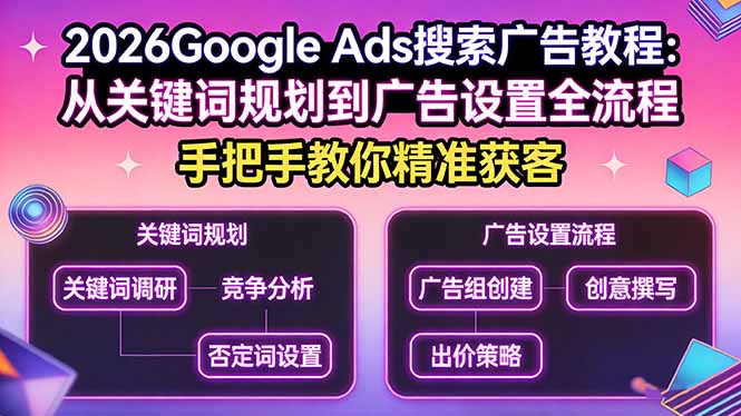 2026Google Ads搜索广告教程：从关键词规划到广告设置全流程，手把手教你精准获客青祥项目库-闲云创业网-老谢轻创网-中创网-福缘网-冒泡网-资源之家-魔方项目库青祥项目库