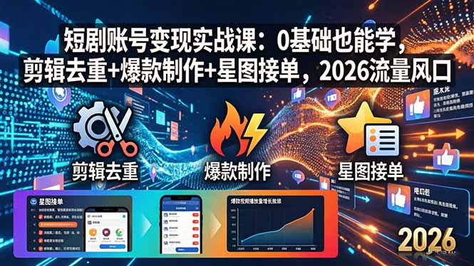 短剧账号变现实战课：0基础也能学，剪辑去重+爆款制作+星图接单，2026流量风口青祥项目库-闲云创业网-老谢轻创网-中创网-福缘网-冒泡网-资源之家-魔方项目库青祥项目库