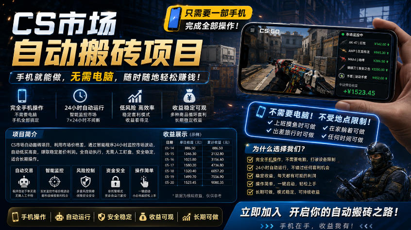 手机即可操作的CS市场自动搬砖系统｜自动监控｜自动下单|日入300+【揭秘】青祥项目库-闲云创业网-老谢轻创网-中创网-福缘网-冒泡网-资源之家-魔方项目库青祥项目库