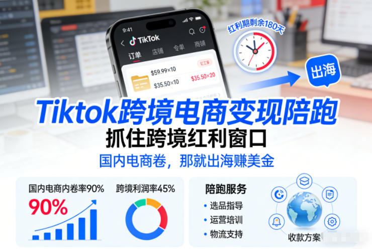 Tiktok跨境电商变现陪跑，抓住跨境红利窗口，国内电商卷，那就出海賺美金青祥项目库-闲云创业网-老谢轻创网-中创网-福缘网-冒泡网-资源之家-魔方项目库青祥项目库