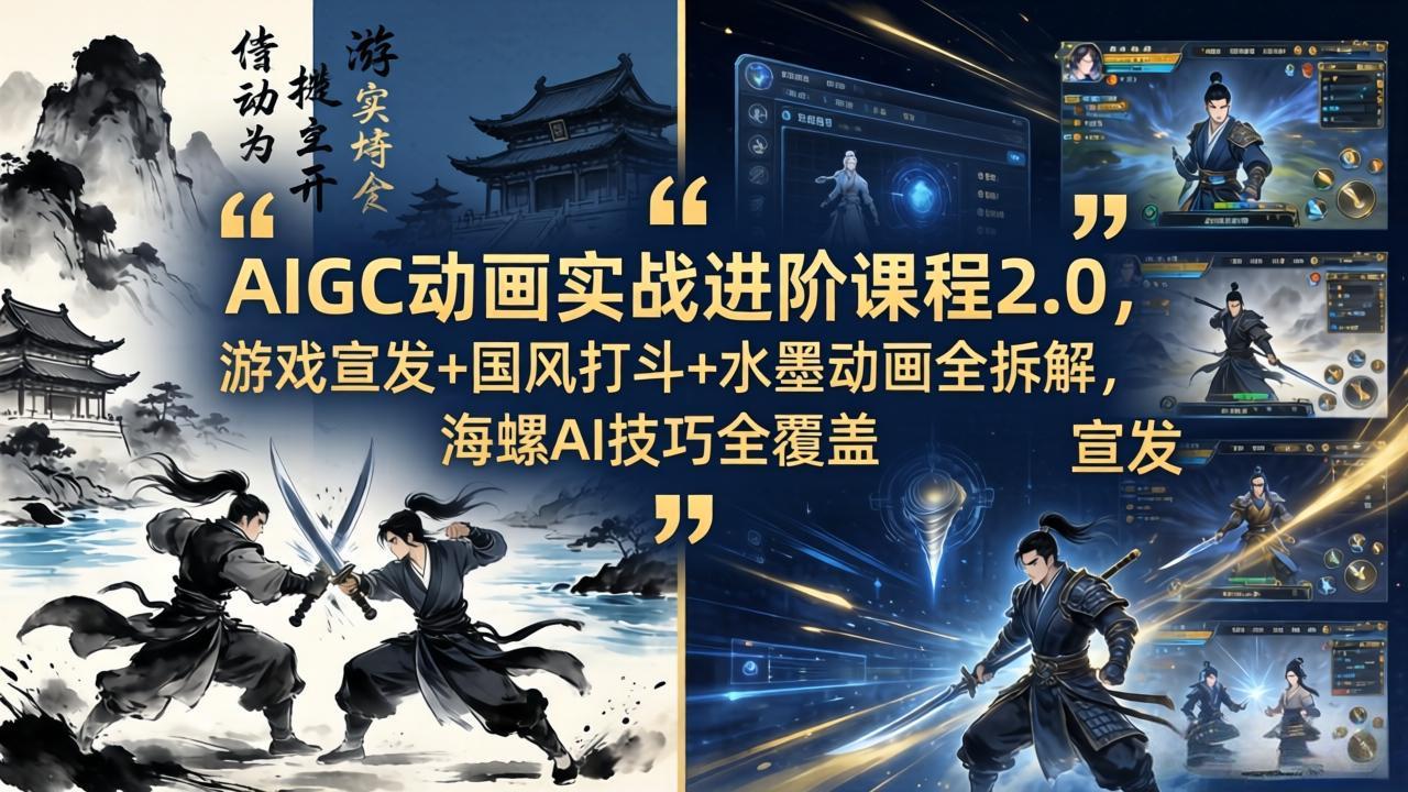 AIGC动画实战进阶课程2.0，游戏宣发+国风打斗+水墨动画全拆解，海螺AI技巧全覆盖青祥项目库-闲云创业网-老谢轻创网-中创网-福缘网-冒泡网-资源之家-魔方项目库青祥项目库