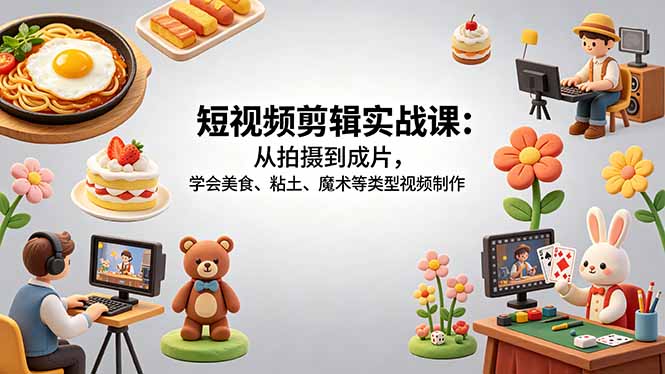 短视频剪辑实战课：从拍摄到成片，学会美食、粘土、魔术等类型视频制作青祥项目库-闲云创业网-老谢轻创网-中创网-福缘网-冒泡网-资源之家-魔方项目库青祥项目库