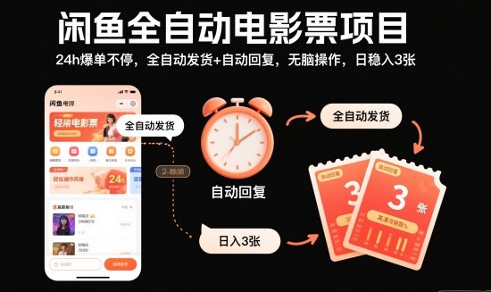 闲鱼全自动电影票项目，24h爆单不停，全自动发货+自动回复，无脑操作，日稳入3张【揭秘】青祥项目库-闲云创业网-老谢轻创网-中创网-福缘网-冒泡网-资源之家-魔方项目库青祥项目库