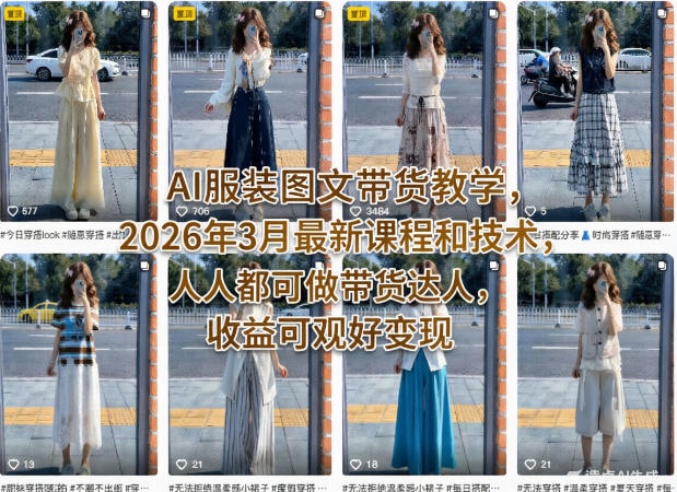 AI服装图文带货教学，2026年3月最新课程和技术，人人都可做带货达人，收益可观好变现青祥项目库-闲云创业网-老谢轻创网-中创网-福缘网-冒泡网-资源之家-魔方项目库青祥项目库