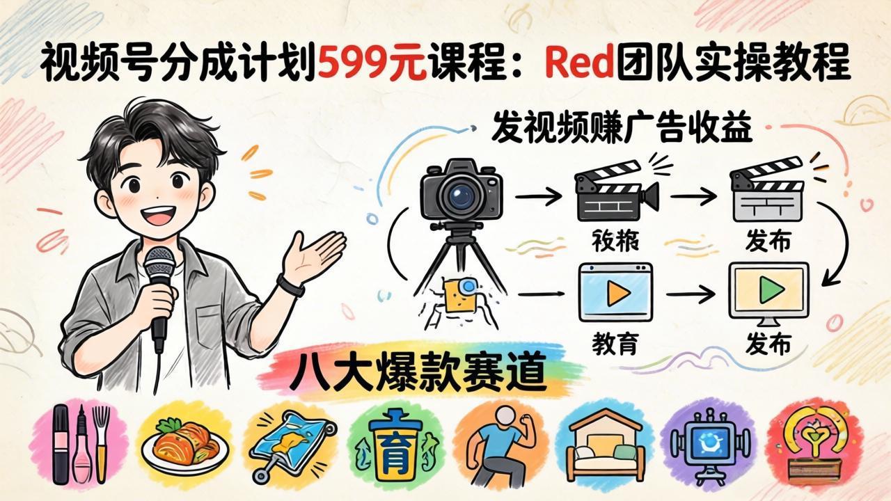 视频号分成计划599元课程：Red团队实操教程，发视频赚广告收益，八大爆款赛道全掌握青祥项目库-闲云创业网-老谢轻创网-中创网-福缘网-冒泡网-资源之家-魔方项目库青祥项目库