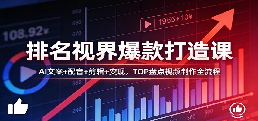 排名视界爆款打造课:AI文案+配音+剪辑+变现,TOP盘点视频制作全流程青祥项目库-闲云创业网-老谢轻创网-中创网-福缘网-冒泡网-资源之家-魔方项目库青祥项目库