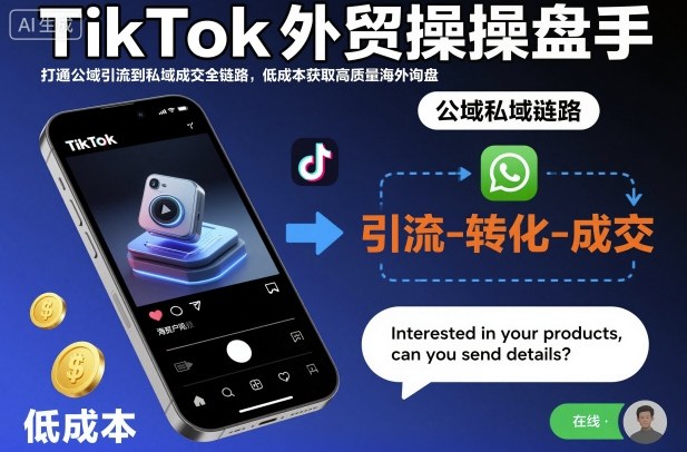 TikTok外贸操盘手，打通公域引流到私域成交全链路，低成本获取高质量海外询盘青祥项目库-闲云创业网-老谢轻创网-中创网-福缘网-冒泡网-资源之家-魔方项目库青祥项目库