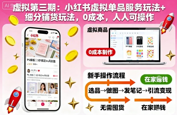 虚拟第三期:小红书虚拟单品服务玩法+细分铺货玩法,0成本,人人可操作(更新)青祥项目库-闲云创业网-老谢轻创网-中创网-福缘网-冒泡网-资源之家-魔方项目库青祥项目库