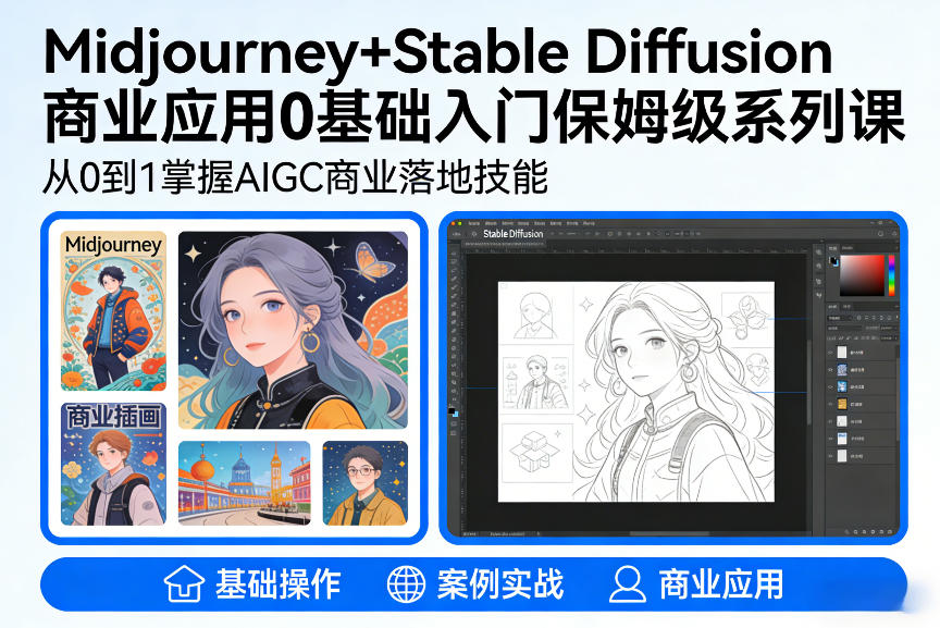 AIGC商业应用Midjourney+Stable Diffusion教程，0基础入门保姆级系列课青祥项目库-闲云创业网-老谢轻创网-中创网-福缘网-冒泡网-资源之家-魔方项目库青祥项目库