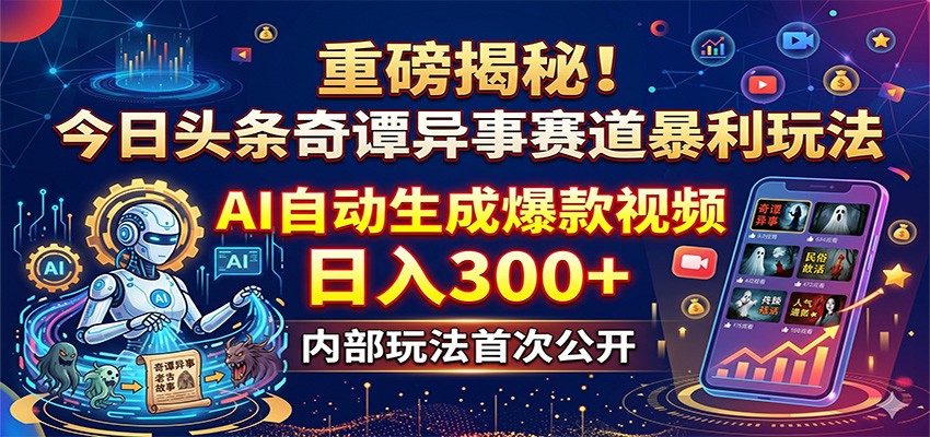 重磅揭秘！今日头条奇谭异事赛道暴利玩法：AI自动生成爆款视频，日入300+青祥项目库-闲云创业网-老谢轻创网-中创网-福缘网-冒泡网-资源之家-魔方项目库青祥项目库