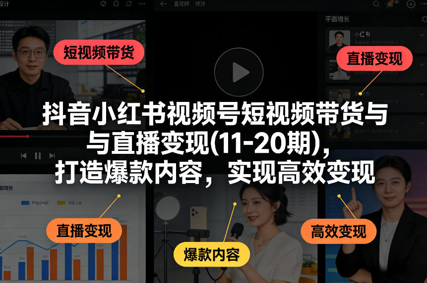 抖音小红书视频号短视频带货与直播变现(10-21期)，打造爆款内容，实现高效变现(更新05月08日)青祥项目库-闲云创业网-老谢轻创网-中创网-福缘网-冒泡网-资源之家-魔方项目库青祥项目库