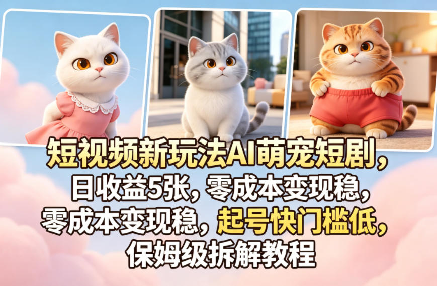 短视频新玩法AI萌宠短剧，日收益5张，零成本变现稳，起号快门槛低，保姆级拆解教程青祥项目库-闲云创业网-老谢轻创网-中创网-福缘网-冒泡网-资源之家-魔方项目库青祥项目库