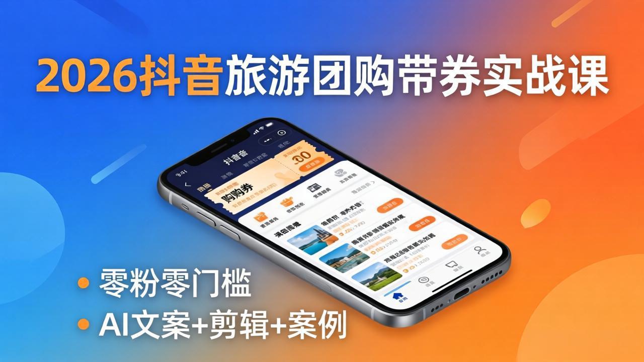 2026抖音旅游团购带券实战课：零粉零门槛，AI文案+剪辑+案例，躺着赚门票佣金青祥项目库-闲云创业网-老谢轻创网-中创网-福缘网-冒泡网-资源之家-魔方项目库青祥项目库