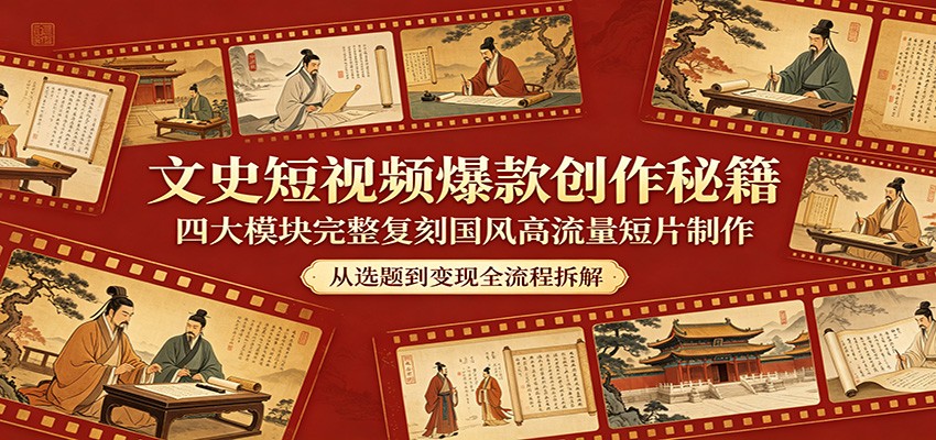 文史短视频爆款创作秘籍：四大模块完整复刻国风高流量短片制作青祥项目库-闲云创业网-老谢轻创网-中创网-福缘网-冒泡网-资源之家-魔方项目库青祥项目库