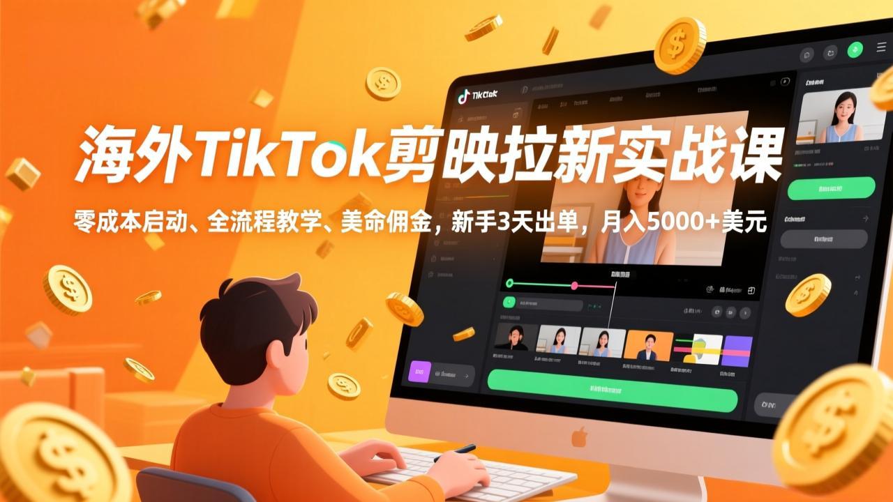 海外TikTok剪映拉新实战课，零成本启动、全流程教学、美金佣金，新手3天出单，月入5000+美元青祥项目库-闲云创业网-老谢轻创网-中创网-福缘网-冒泡网-资源之家-魔方项目库青祥项目库