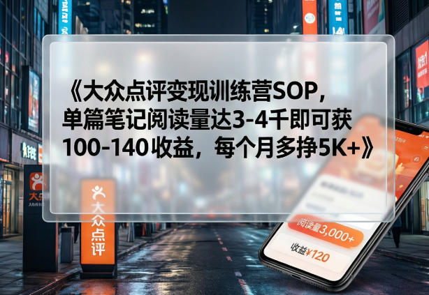 大众点评变现训练营SOP，单篇笔记阅读量达3-4千即可获100-140收益，每个月多挣5K+青祥项目库-闲云创业网-老谢轻创网-中创网-福缘网-冒泡网-资源之家-魔方项目库青祥项目库