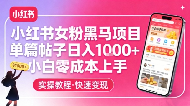 小红书女粉黑马项目，单篇帖子日入1k+，小白零成本上手青祥项目库-闲云创业网-老谢轻创网-中创网-福缘网-冒泡网-资源之家-魔方项目库青祥项目库