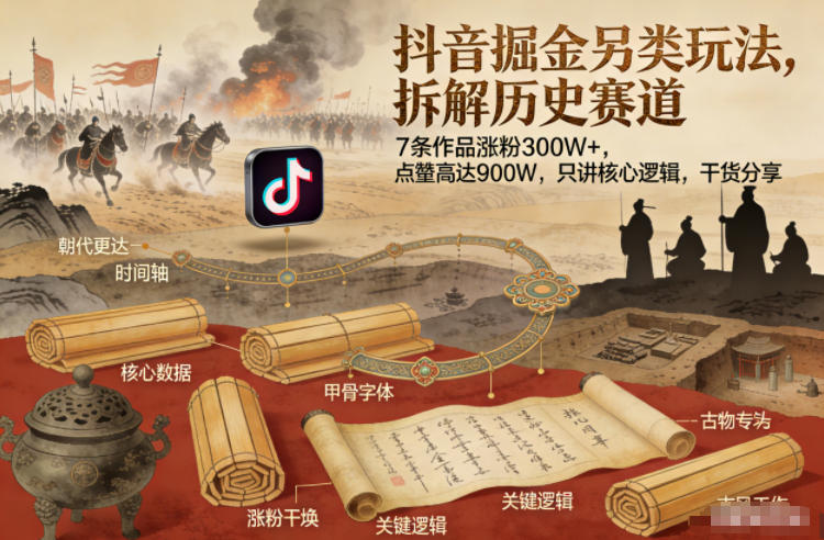 抖音掘金另类玩法，拆解历史赛道，7条作品涨粉300W+，点赞量高达900W，只讲核心逻辑，干货分享青祥项目库-闲云创业网-老谢轻创网-中创网-福缘网-冒泡网-资源之家-魔方项目库青祥项目库