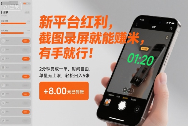新平台红利，截图录屏就能賺米，有手就行！2分钟完成一单，时间自由，单量无上限，轻松日入5张【揭秘】青祥项目库-闲云创业网-老谢轻创网-中创网-福缘网-冒泡网-资源之家-魔方项目库青祥项目库