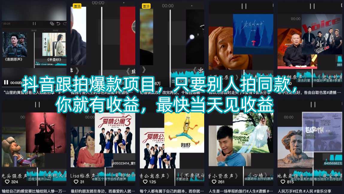 抖音跟拍爆款项目，只要别人拍同款，你就有收益，最快当天见收益青祥项目库-闲云创业网-老谢轻创网-中创网-福缘网-冒泡网-资源之家-魔方项目库青祥项目库