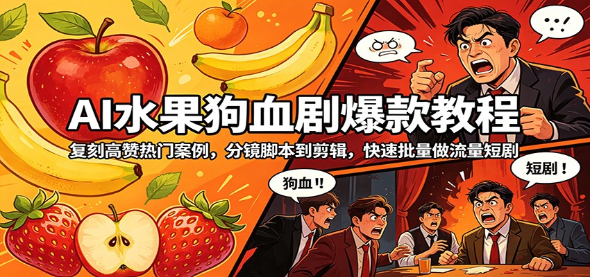 AI水果狗血剧爆款教程：复刻高赞热门案例，分镜脚本到剪辑，快速批量做流量短剧青祥项目库-闲云创业网-老谢轻创网-中创网-福缘网-冒泡网-资源之家-魔方项目库青祥项目库