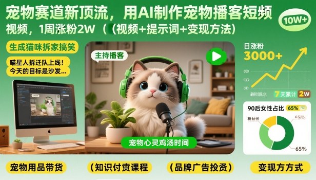 宠物赛道新顶流，用AI制作宠物播客短视频，1周涨粉2W(视频+提示词+变现方法)青祥项目库-闲云创业网-老谢轻创网-中创网-福缘网-冒泡网-资源之家-魔方项目库青祥项目库