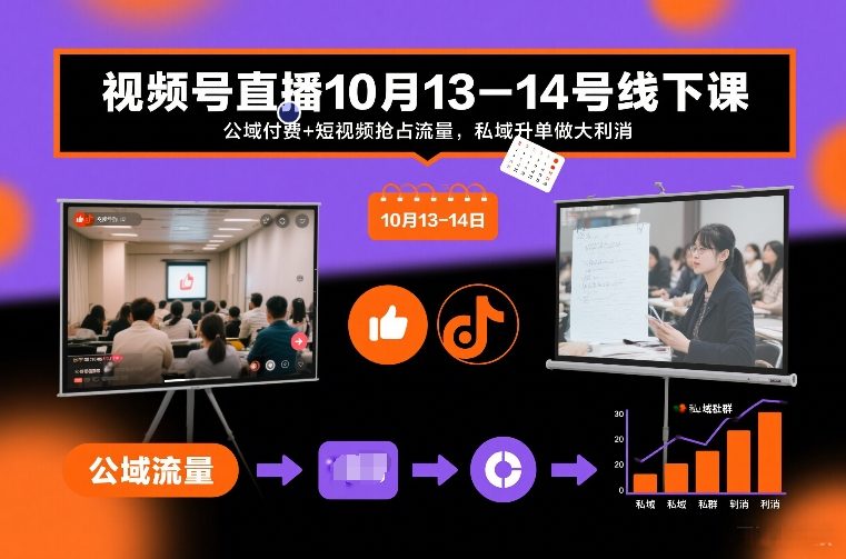 视频号直播10月13-14号线下课，公域付费+短视频抢占流量，私域升单做大利消青祥项目库-闲云创业网-老谢轻创网-中创网-福缘网-冒泡网-资源之家-魔方项目库青祥项目库