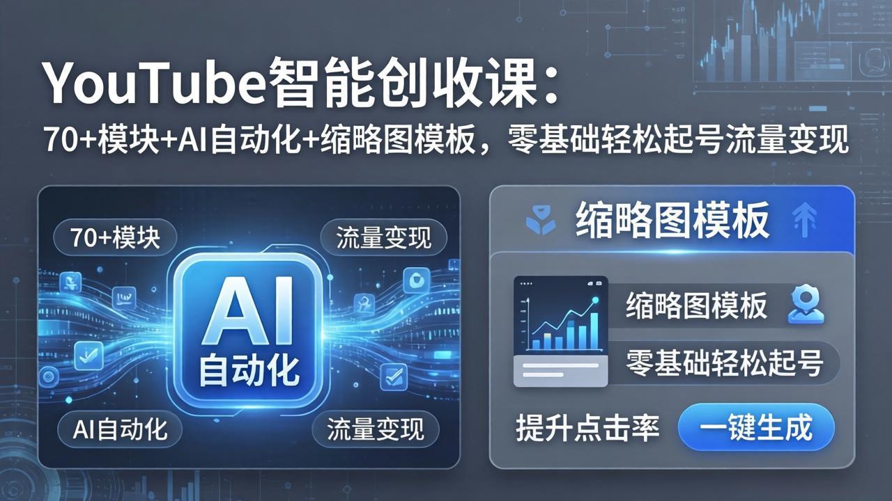 YouTube智能创收课：70+模块+AI自动化+缩略图模板，零基础轻松起号流量变现青祥项目库-闲云创业网-老谢轻创网-中创网-福缘网-冒泡网-资源之家-魔方项目库青祥项目库