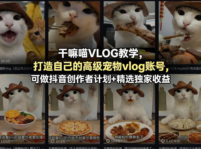 干嘛喵VLOG教学,打造自己的高级宠物vlog账号,可做抖音创作者计划+精选独家收益青祥项目库-闲云创业网-老谢轻创网-中创网-福缘网-冒泡网-资源之家-魔方项目库青祥项目库