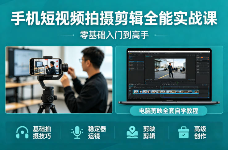 手机短视频拍摄剪辑全能实战课：零基础入门到高手，稳定器运镜+电脑剪映全套自学教程青祥项目库-闲云创业网-老谢轻创网-中创网-福缘网-冒泡网-资源之家-魔方项目库青祥项目库