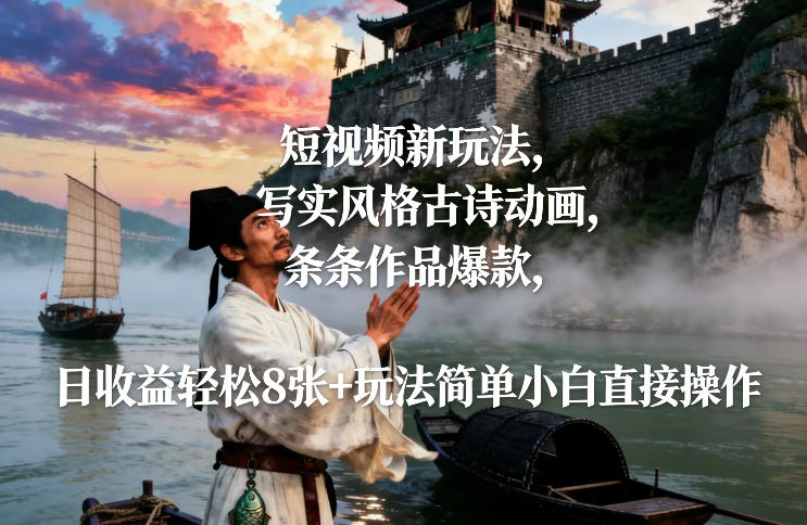 短视频新玩法，写实风格古诗动画，条条作品爆款，日收益轻松8张+玩法简单小白直接操作青祥项目库-闲云创业网-老谢轻创网-中创网-福缘网-冒泡网-资源之家-魔方项目库青祥项目库