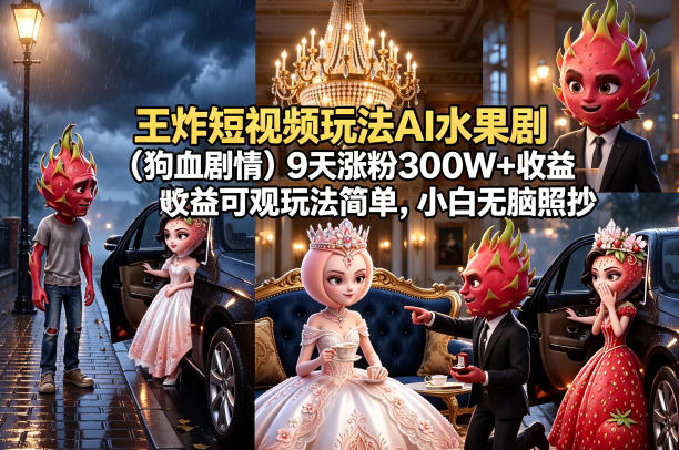 王炸短视频玩法AI水果剧(狗血剧情)9天涨粉300W+收益可观玩法简单，小白无脑照抄，详细拆解玩法青祥项目库-闲云创业网-老谢轻创网-中创网-福缘网-冒泡网-资源之家-魔方项目库青祥项目库