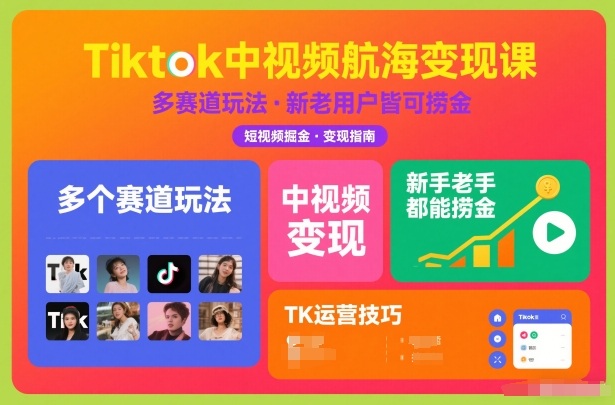 Tiktok中视频航海变现课，多个赛道玩法，新手老手都能在TK中视频捞金青祥项目库-闲云创业网-老谢轻创网-中创网-福缘网-冒泡网-资源之家-魔方项目库青祥项目库