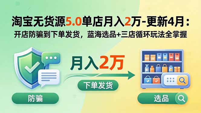 淘宝无货源5.0单店月入2万-更新5月：开店防骗到下单发货，蓝海选品+三店循环玩法全掌握青祥项目库-闲云创业网-老谢轻创网-中创网-福缘网-冒泡网-资源之家-魔方项目库青祥项目库