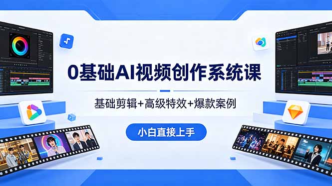 0基础AI视频创作系统课，基础剪辑+高级特效+爆款案例，小白直接上手青祥项目库-闲云创业网-老谢轻创网-中创网-福缘网-冒泡网-资源之家-魔方项目库青祥项目库