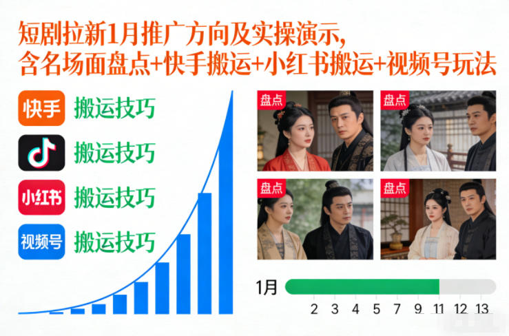 短剧拉新1月推广方向及实操演示，含名场面盘点+快手搬运+小红书搬运+视频号玩法青祥项目库-闲云创业网-老谢轻创网-中创网-福缘网-冒泡网-资源之家-魔方项目库青祥项目库