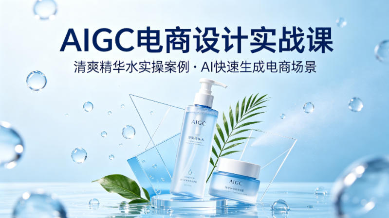 AIGC电商设计实战课，以清爽精华水为实操案例，教你用AI快速生成电商场景青祥项目库-闲云创业网-老谢轻创网-中创网-福缘网-冒泡网-资源之家-魔方项目库青祥项目库