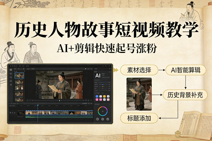 历史人物故事短视频教学，AI+剪辑制作历史人物题材短视频，快速起号涨粉青祥项目库-闲云创业网-老谢轻创网-中创网-福缘网-冒泡网-资源之家-魔方项目库青祥项目库