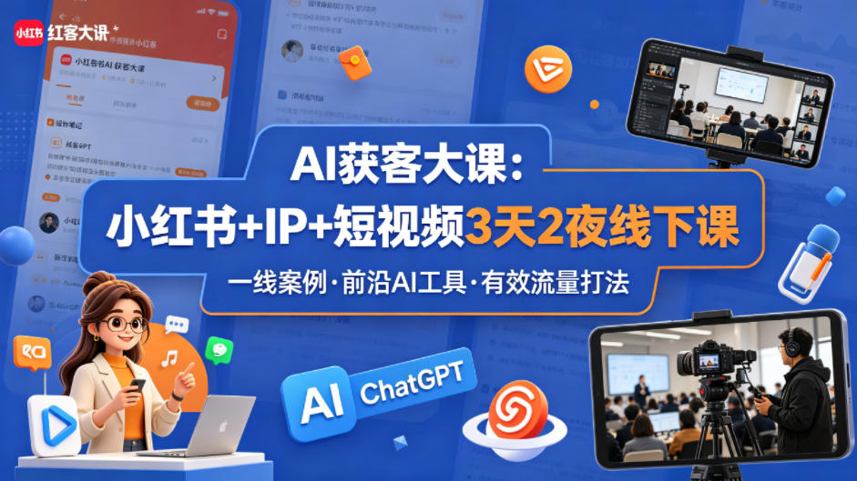 AI获客大课小红书+IP+短视频3天2夜线下课，用最真实的一线案例，最前沿的AI工具，最有效的流量打法青祥项目库-闲云创业网-老谢轻创网-中创网-福缘网-冒泡网-资源之家-魔方项目库青祥项目库