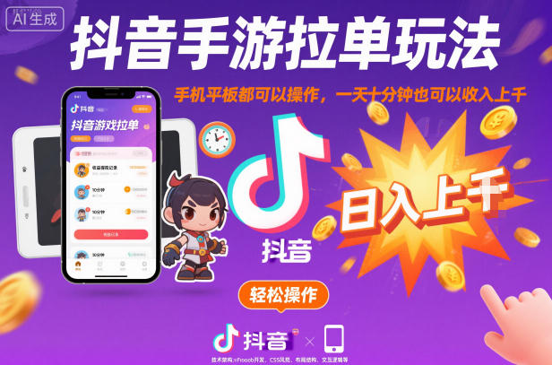 抖音手游拉单玩法，手机平板都可以操作，一天十分钟也可以收入上K【揭秘】青祥项目库-闲云创业网-老谢轻创网-中创网-福缘网-冒泡网-资源之家-魔方项目库青祥项目库